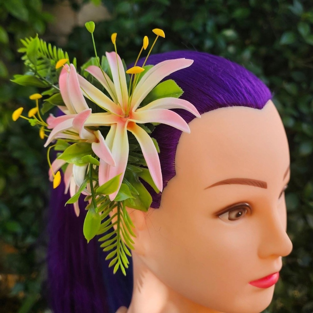Handmade Pinkโ White Lily Hair Flower Clip Tiki Rockabilly Pinup Hawaiian